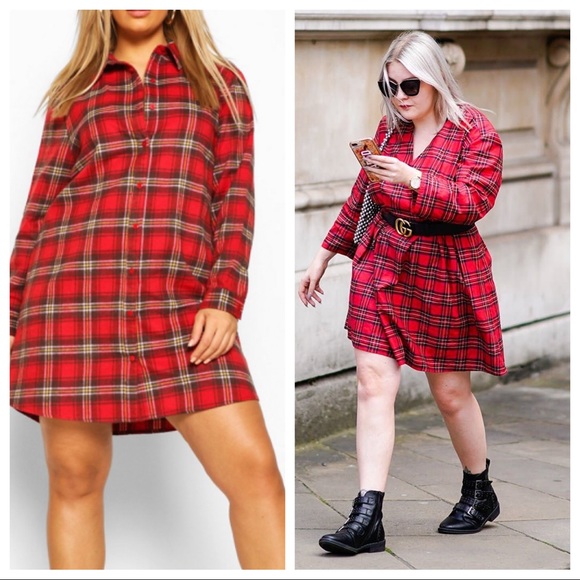 ❗️1 LEFT❗️NWT•24•GO TO OVERSIZED RED PLAID SHIRT DRESS•NEW - Picture 4 of 16